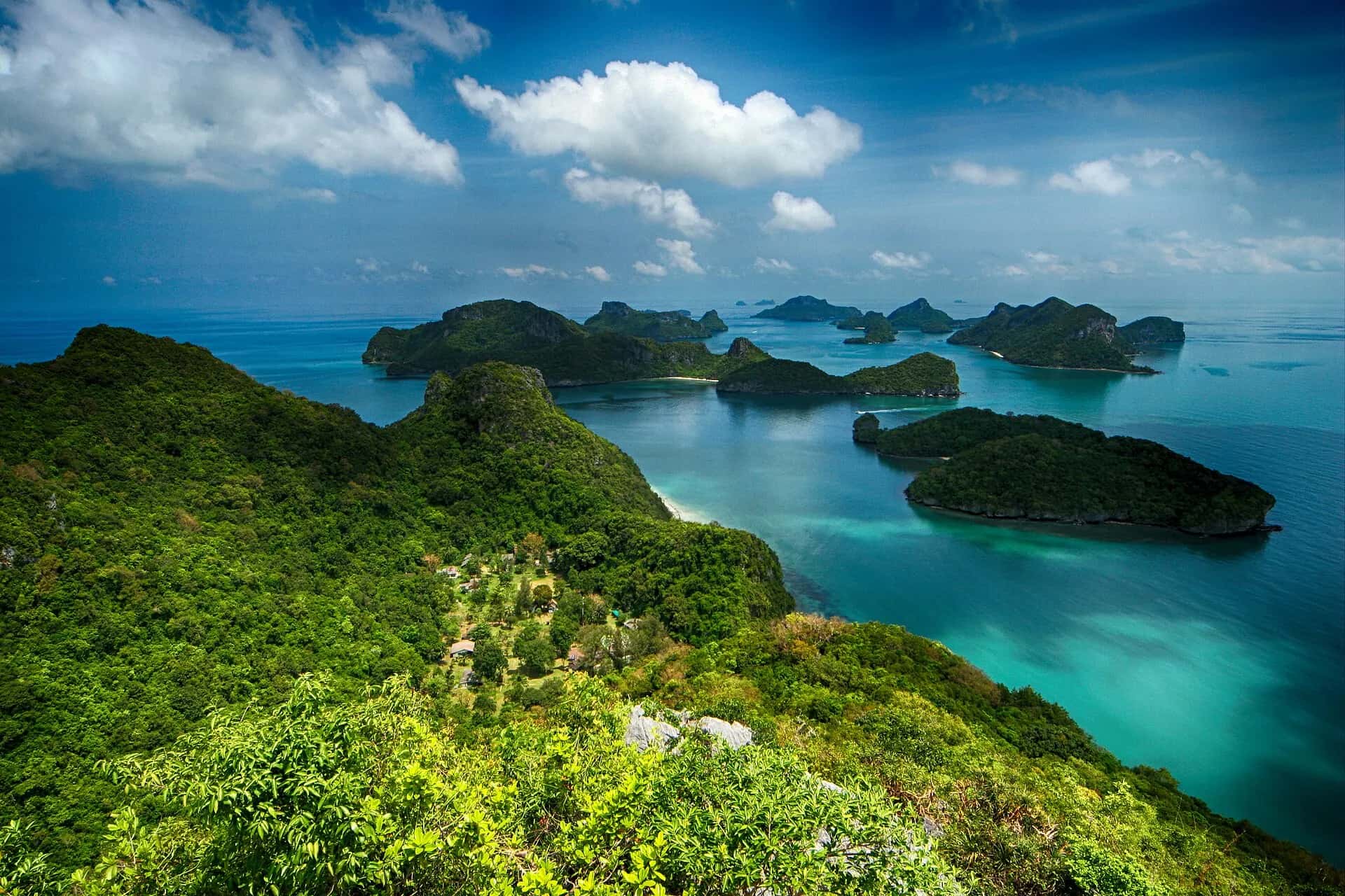 Limestone islands scattered across a green-blue sea, seen from a viewpoint in Ang Thong Marine Park