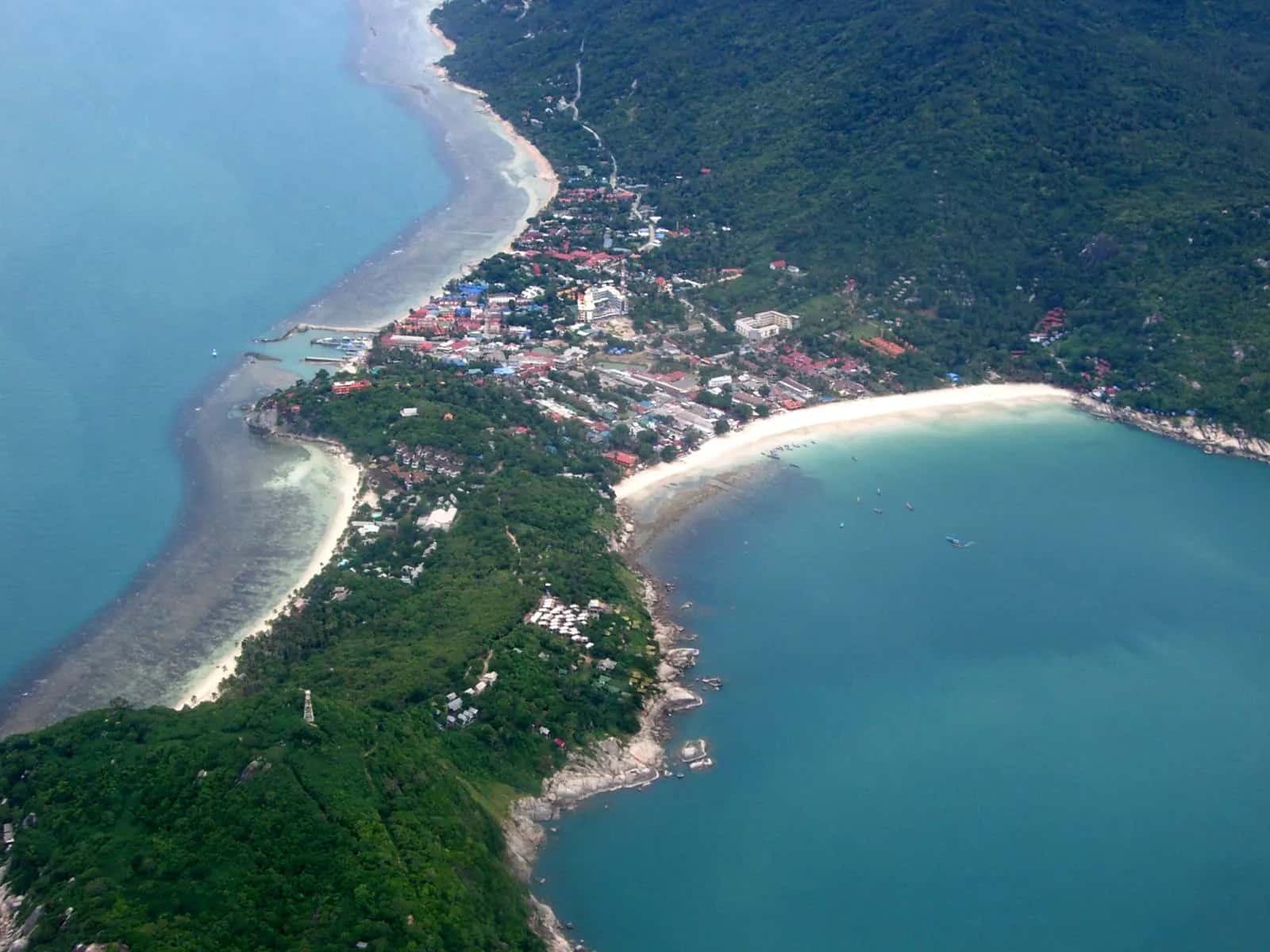 Aerial view of the Haad Rin peninsula with beaches on both sides