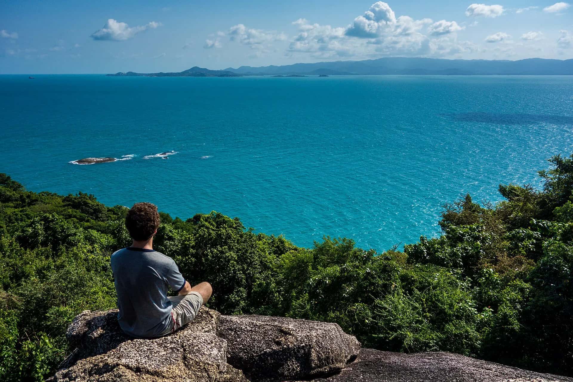 A person sitting on a rock above the jungle, looking out over a turquoise sea